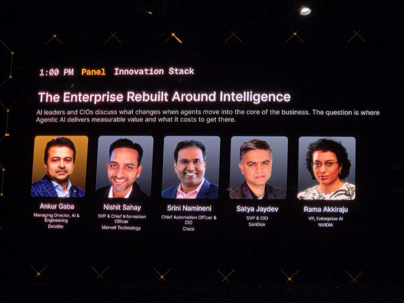 The Enterprise Rebuilt Around Intelligence 场次嘉宾页,2026 年 9 月 14 日下午:Ankur Gaba(Deloitte)、Nishit Sahay(Marvell)、Srini Namineni(Cisco)、Satya Jaydev(SanDisk)、Rama Akkiraju(NVIDIA)